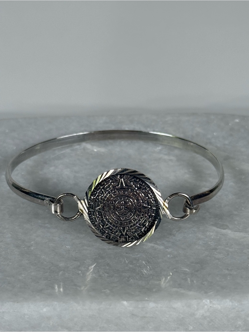 Sterling Silver Aztec Calendar Bangle Bracelet